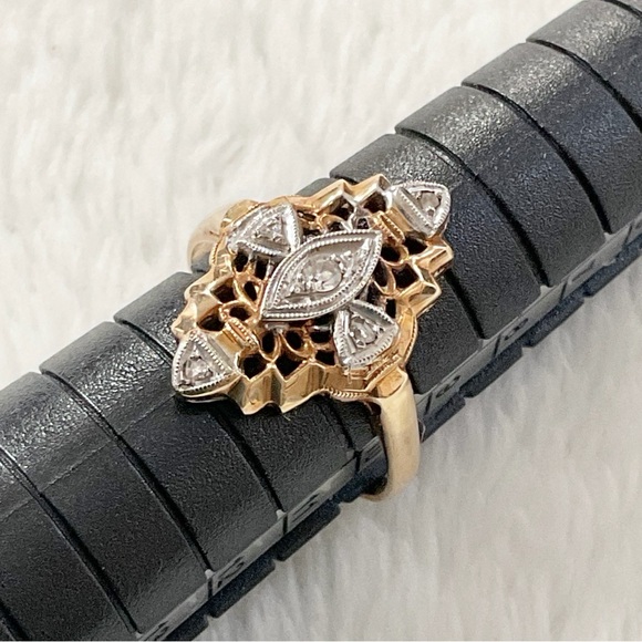 Vintage 14K Solid Gold Filigree Diamond Navette Ring Art Deco Revival Sz 4.75 - Picture 7 of 15